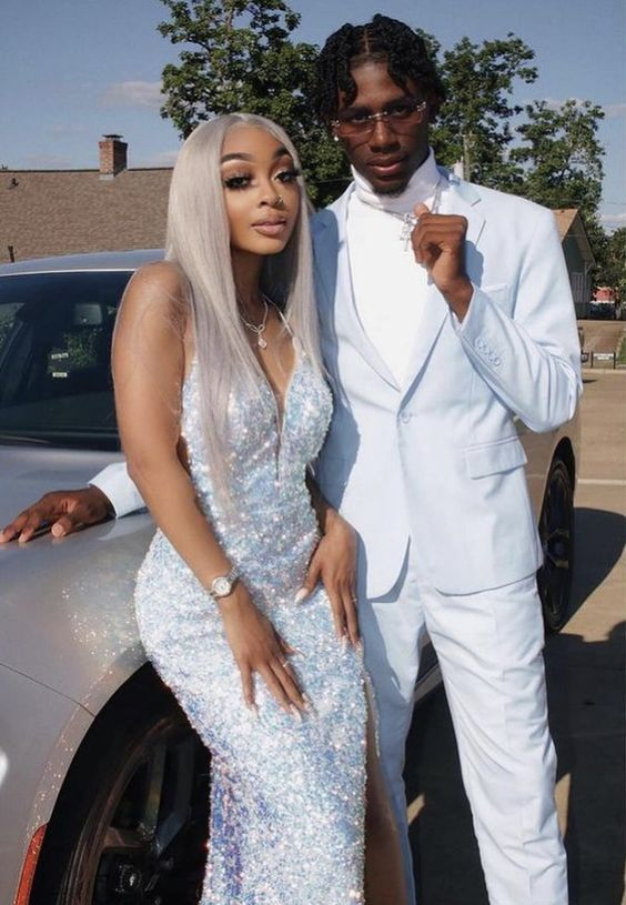 Spaghetti Straps Sequins Long Prom Dress Sheath Evening Gown With Slit 2100