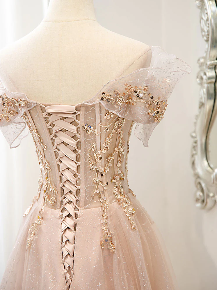 Schulterfreies A-Linien-Tüll-Ballkleid, lang, formelles Abendkleid 2408