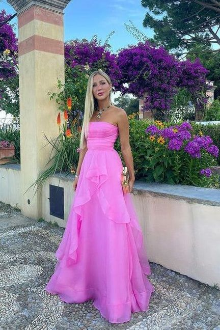 Trägerloses A-Linien-Blau-Rosa-Abschlussballkleid mit Rüschen, formelles Kleid 2142