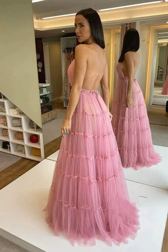 A-Linie Tüll Rosa formelles Abschlussballkleid Abschlusskleid 2182