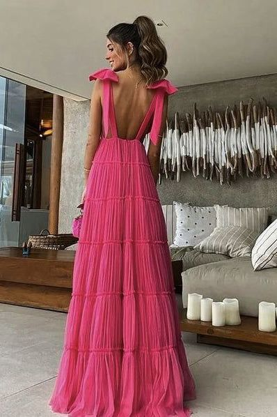 Hot Pink Backless Long Prom Dress V Neck Tulle Formal Gown 2179