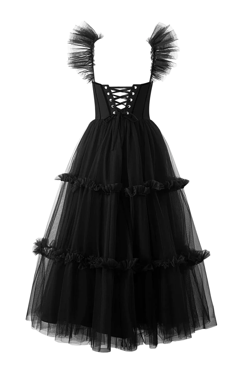 Robe de bal trapèze noire en tulle à volants 2201