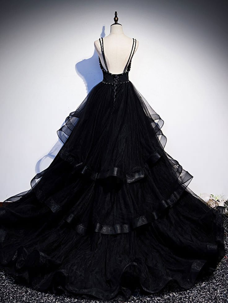 Robe de bal longue en tulle noir perlé, robe de remise de diplôme à volants 2246