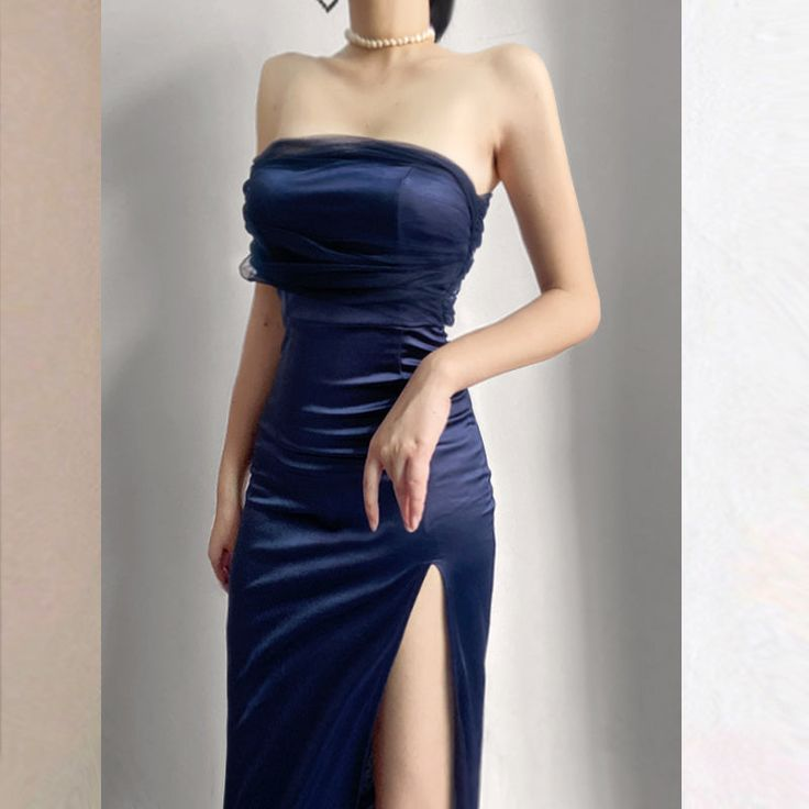 Robe de soirée longue en satin bleu roi, sans bretelles, avec fente, 2430