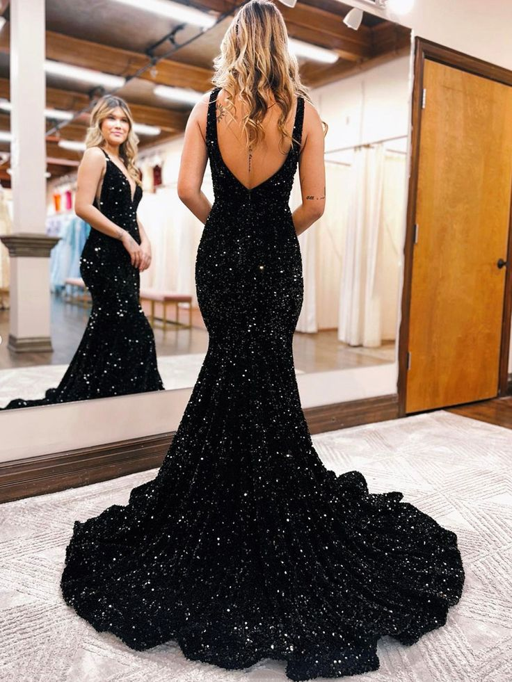 Mermaid V-Neck Sequins Long Prom Dress Sparkling Evening Dress 2106