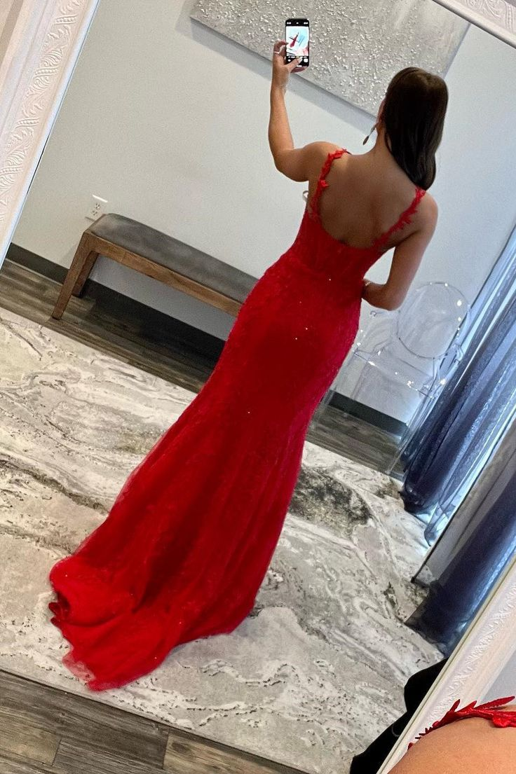 Robe sirène longue en dentelle rouge avec appliques, robe de soirée 2285