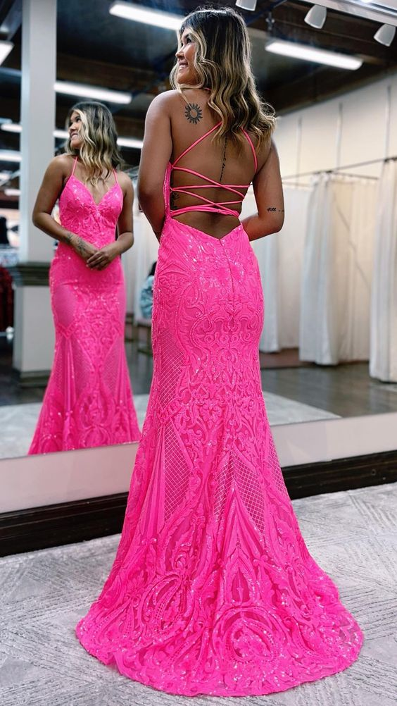 Robe de soirée longue à bretelles spaghetti et col en V style sirène 2101