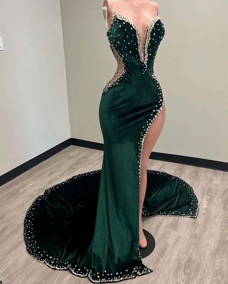 Robe de bal sirène longue verte en velours avec traîne 2170