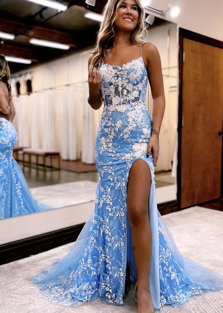 Robe de bal sirène longue en dentelle bleue avec fente J2596