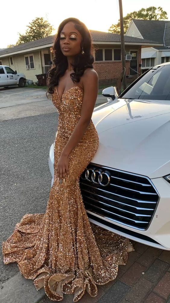 Robe de bal sirène longue à paillettes champagne J2698