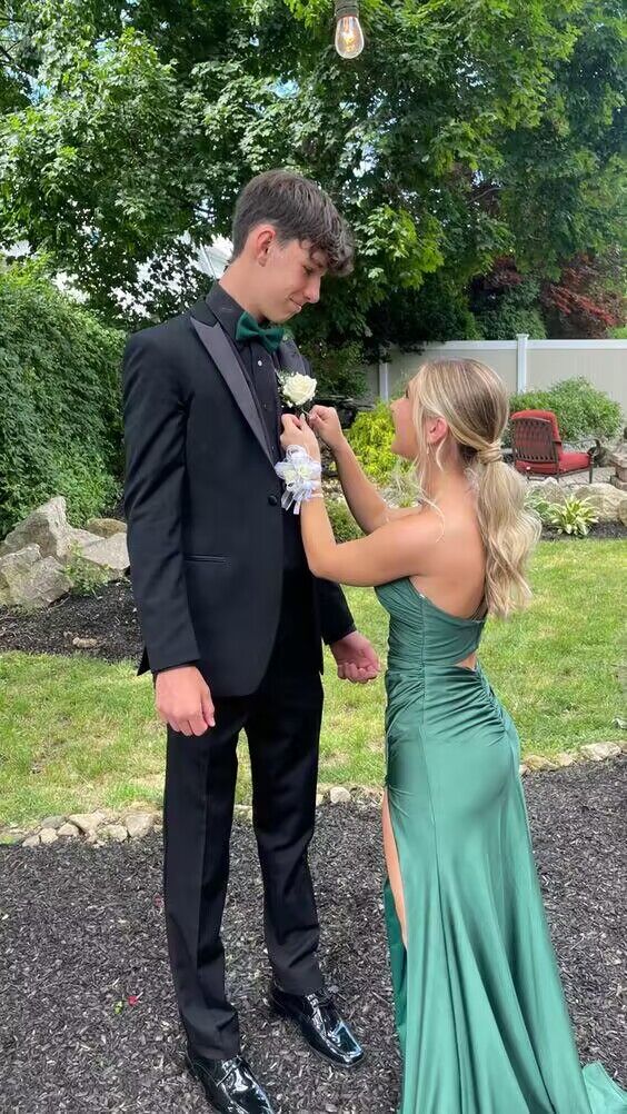 Robe de bal longue sirène verte asymétrique avec fente J2739