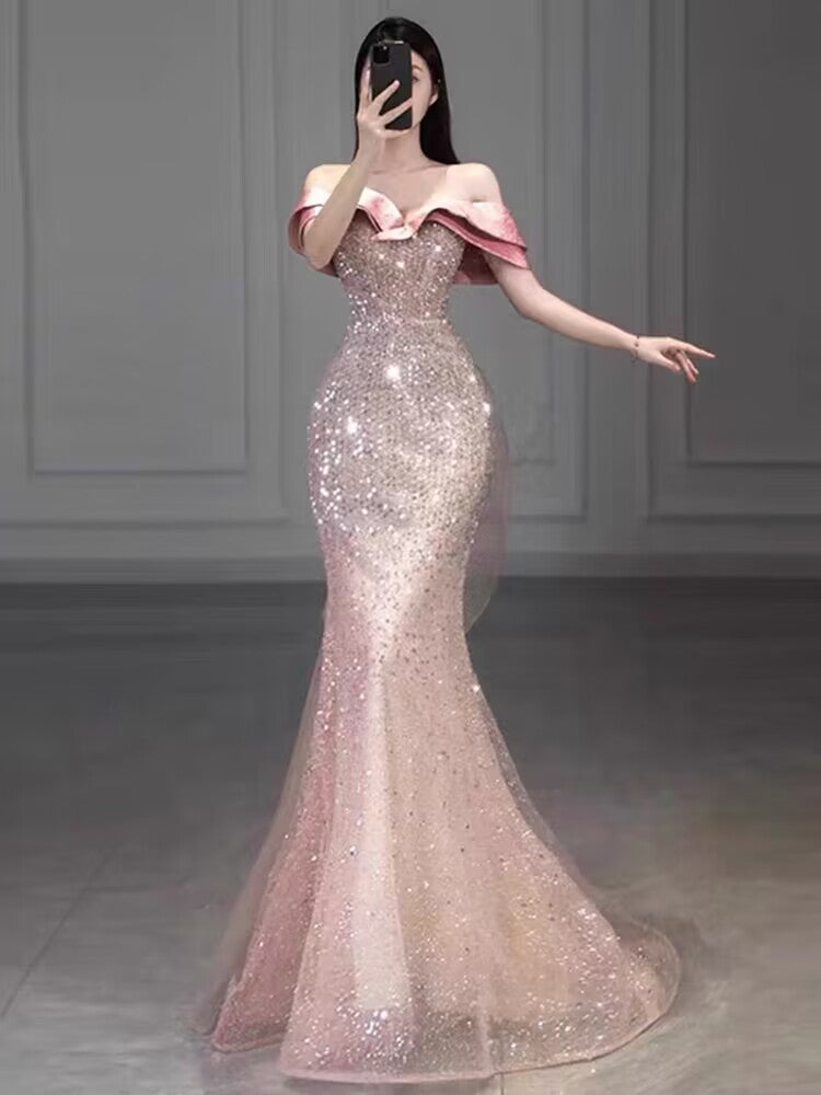 Robe de bal longue rose sirène à sequins et épaules dénudées J2960