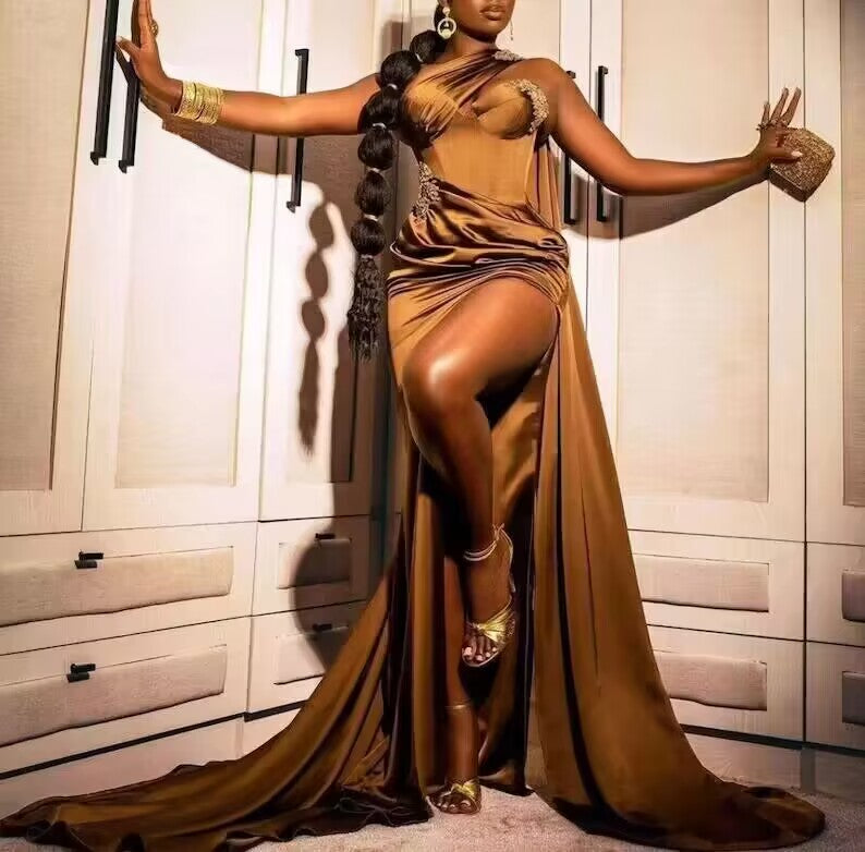 Robe de bal longue sirène en satin marron, robe de soirée formelle noire pour fille J2931