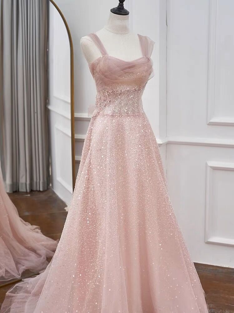 Pink A Line Sequin Tulle Princess Prom Dress Birthday Party Gown J2973