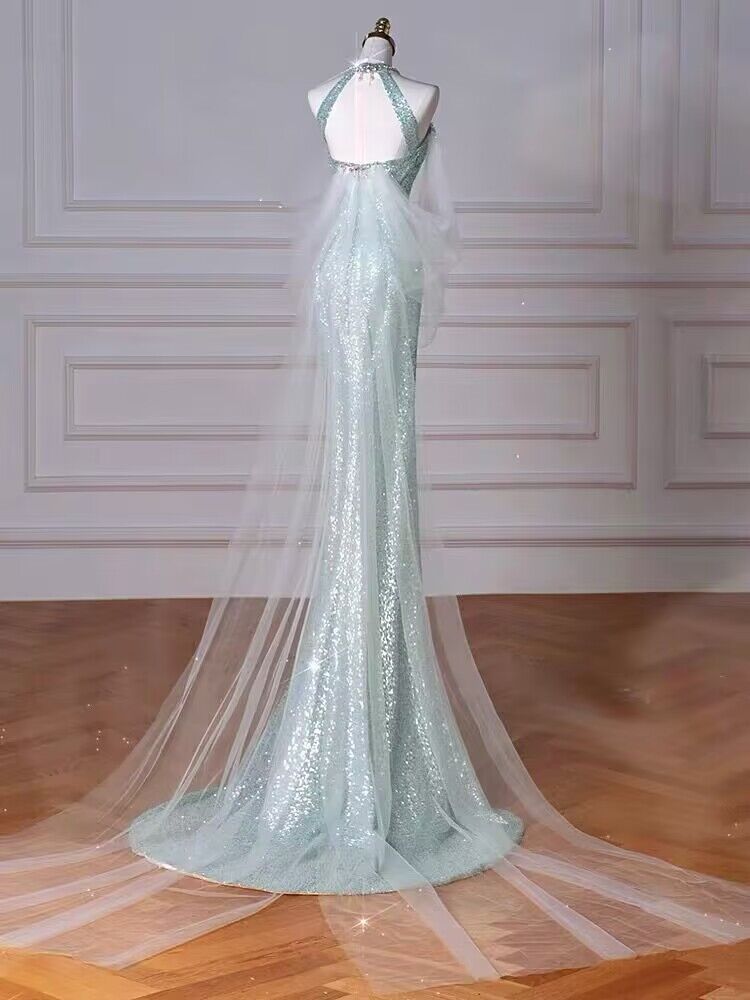 Robe de bal longue verte à paillettes style sirène J2950