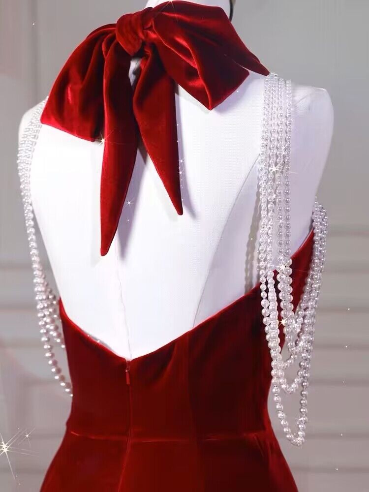 Robe de soirée sirène bordeaux en velours à col licou, robe de bal d'anniversaire J2962