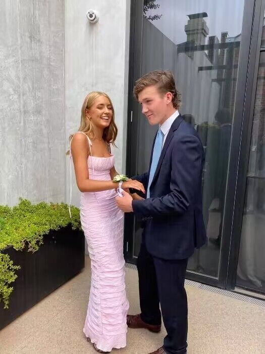 Spaghetti Straps Pink Sheath Long Prom Dress Party Gown J2943