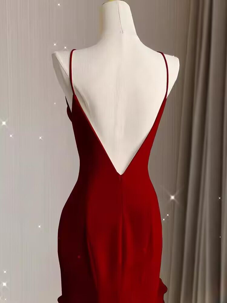Robe de bal longue élégante à volants style sirène bordeaux J2945