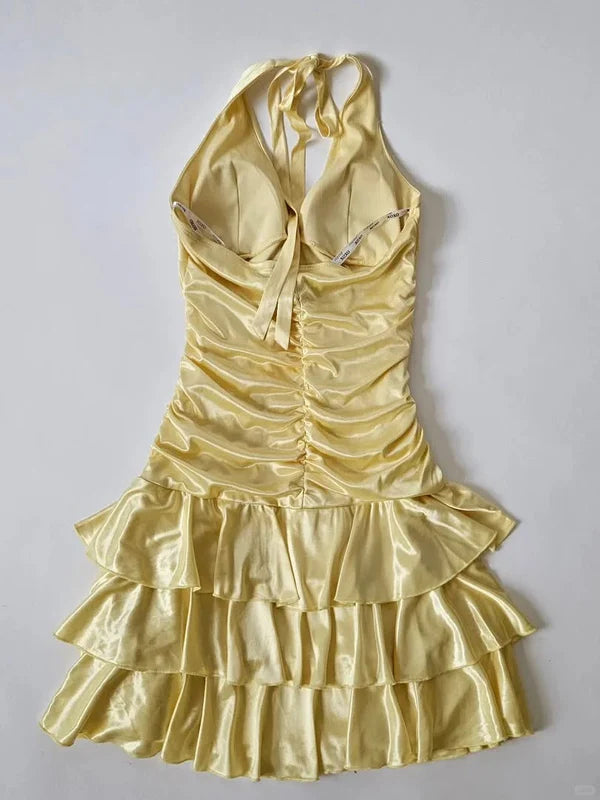 Retro Halter Yellow A-Line Satin Short Homecoming Dress J10358