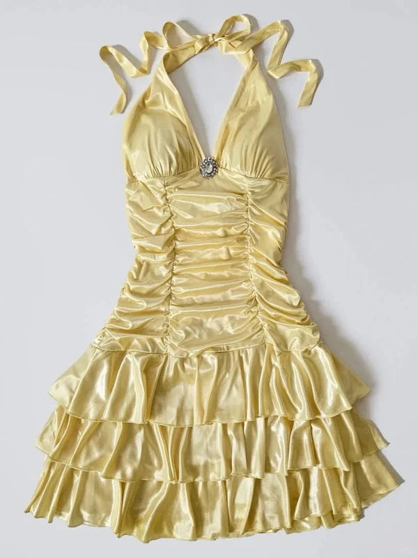 Retro Halter Yellow A-Line Satin Short Homecoming Dress J10358 – JulyProm
