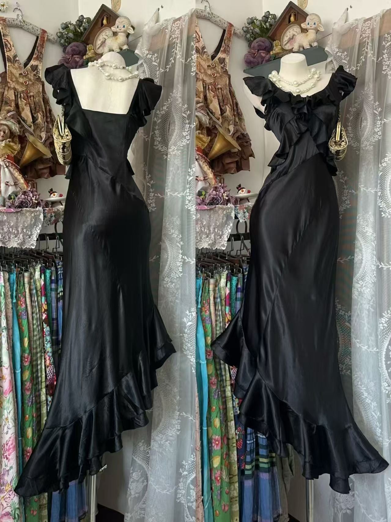 Ruffled Satin Mermaid Evening Dress Black Birthday Dress J10546