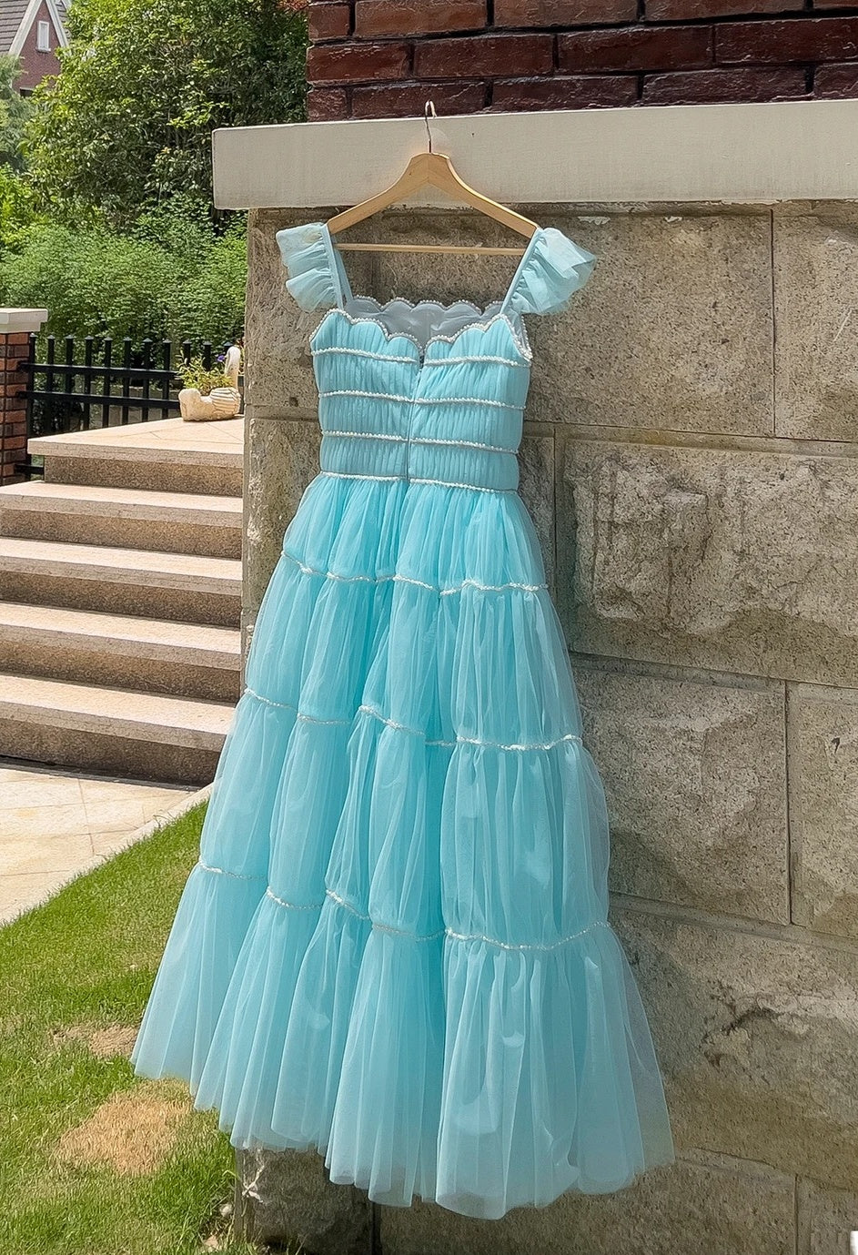 Ruffled Straps A Line Blue Prom Dress Beaded Wedding Guest Dress J10285