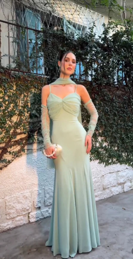 Sage Green Chiffon Maxi Prom Dress Spaghetti Straps Wedding Guest Dress J10032