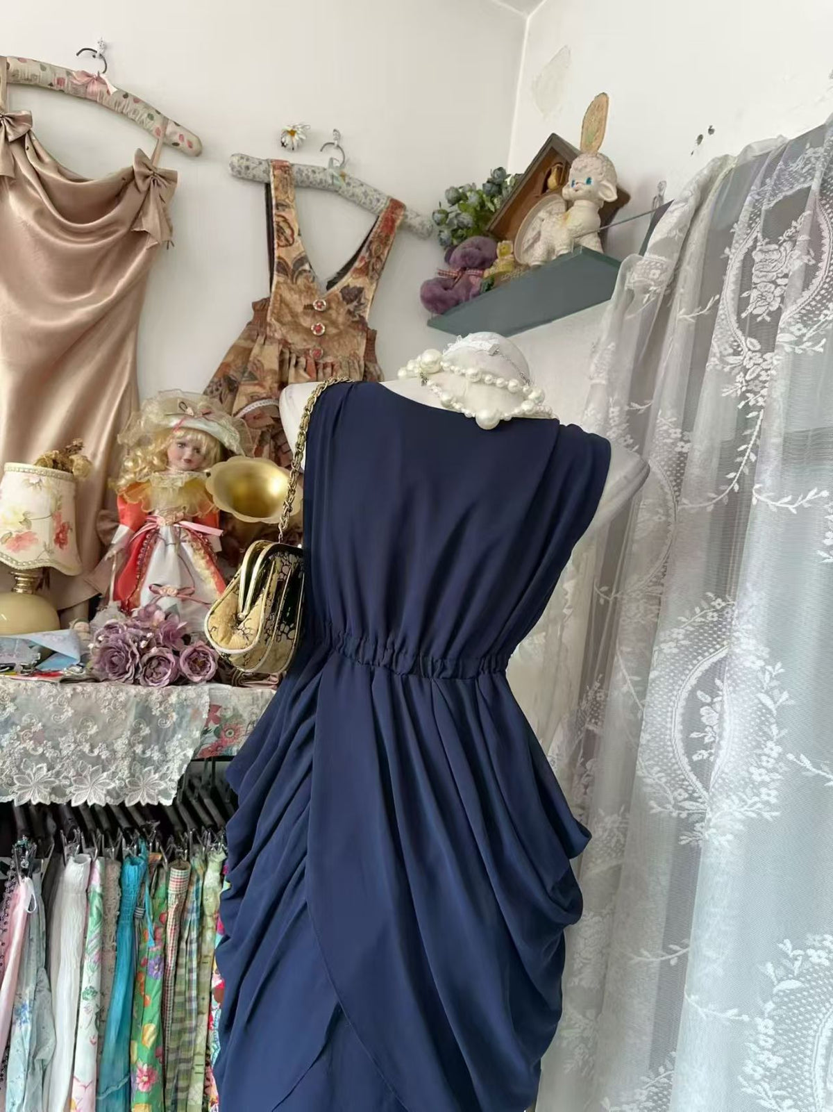 Sleeveless Navy Blue Chiffon Party Dress With Beaded Pearl J11868