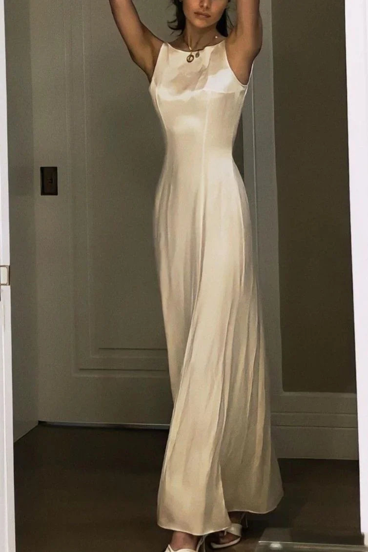Sleeveless Satin Maxi Dress Sheath Ivory Modest Evening Dress J10024