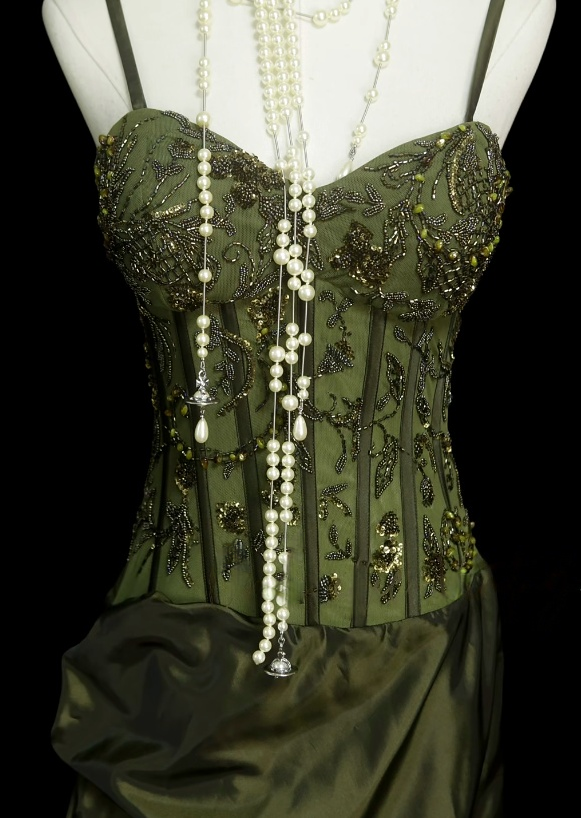 Spaghetti Strap Green Satin Prom Dress Retro Beaded Evening Dress J10501