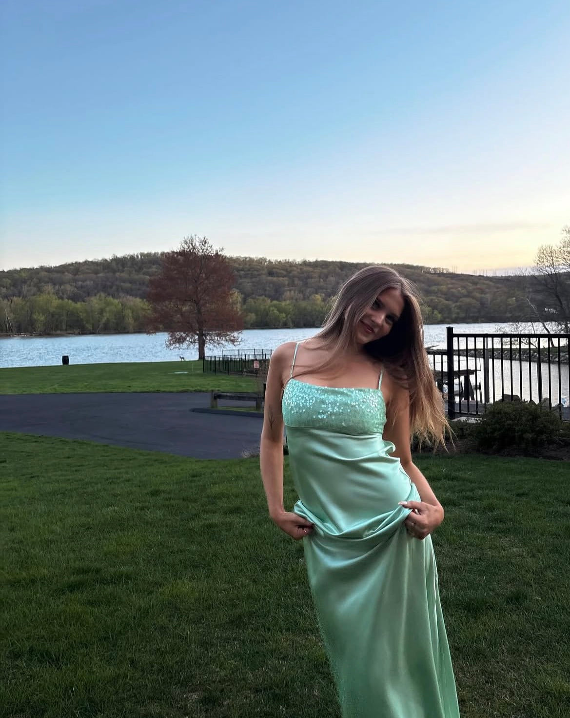 Spaghetti Strap Green Satin Prom Dress Sheath Wedding Guest Dress J10439