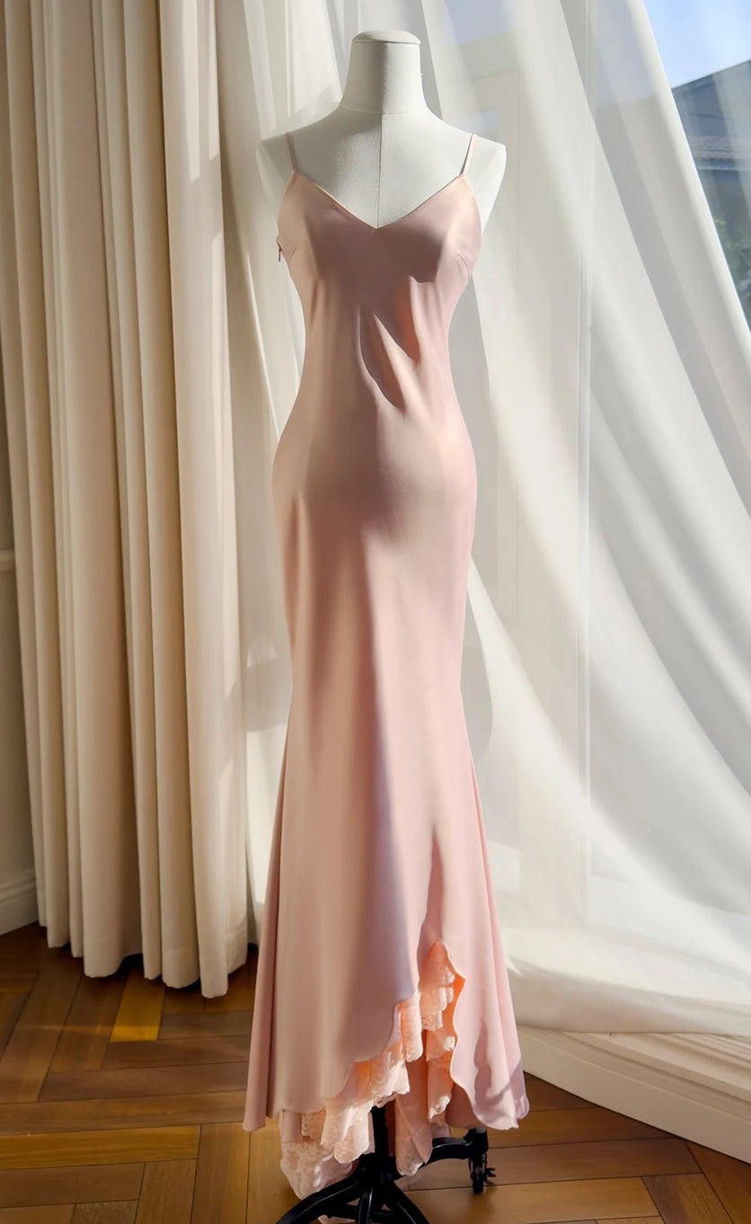 Spaghetti Strap Pink Mermaid Prom Dress Lace Ruffled Evening Dress J10289