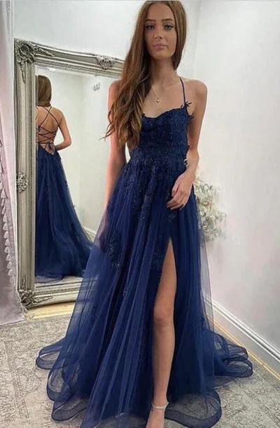 Navy Blue Spaghetti Straps A-Line Tulle Prom Dress Formal Evening Dress J10365