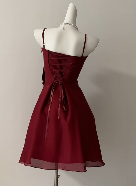 Spaghetti Straps Burgundy Chiffon Homecoming Dress Short Party Dress J10821