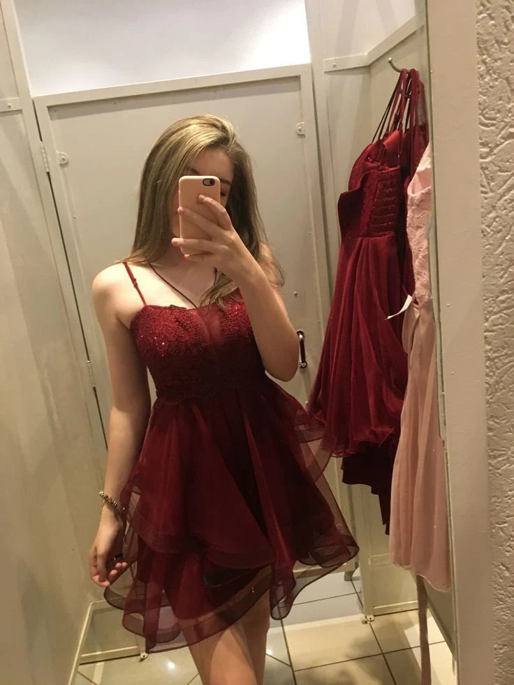Spaghetti Straps Burgundy Tulle Homecoming Dress J11555