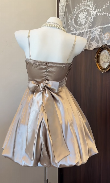 Trägerloses silbernes Vintage-Abendkleid, A-Linie, Geburtstagskleid J9370