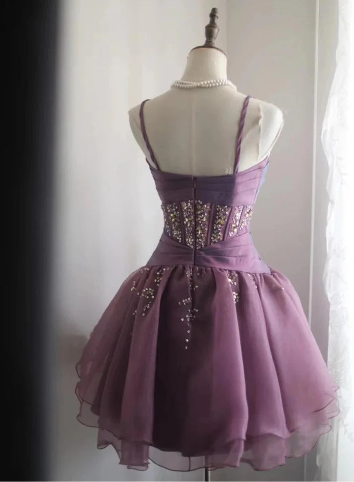 Spaghetti Straps Purple Beaded A-Line Short Homecoming Dresses J9958