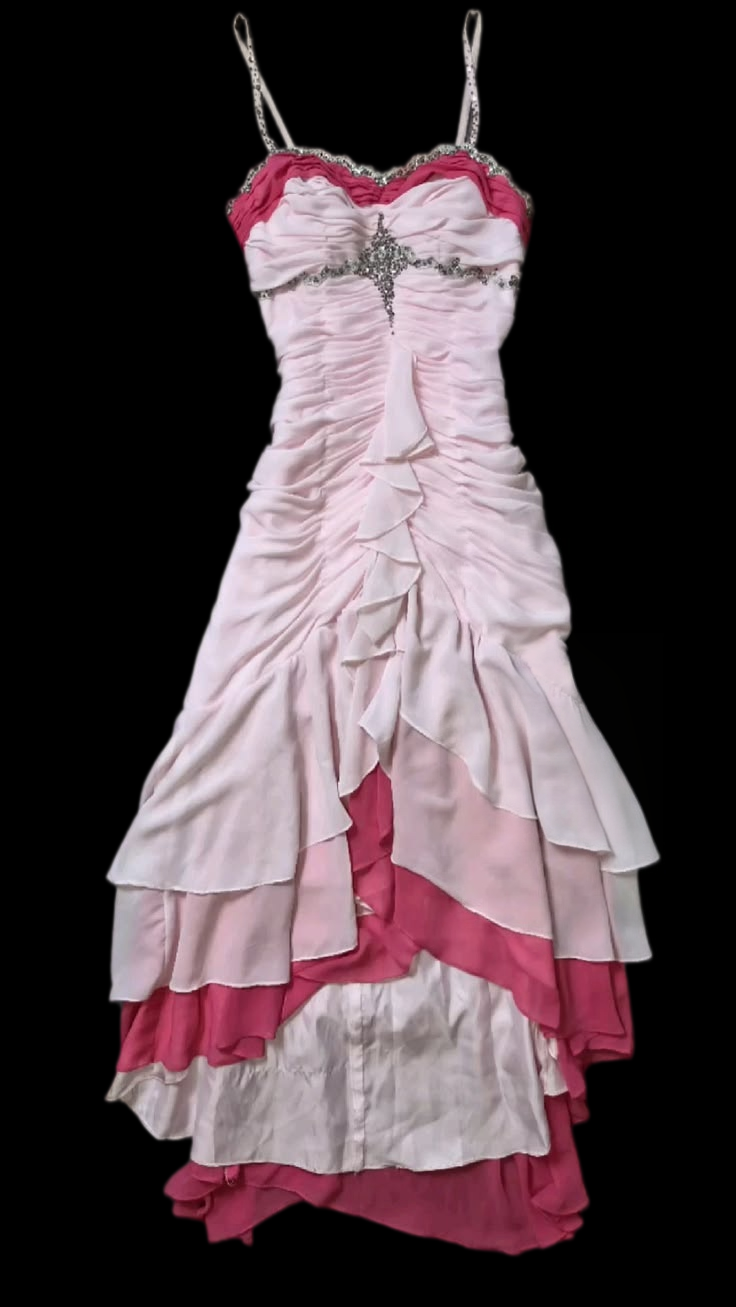 Spaghetti Straps Ruffled Pink Chiffon Prom Dress Layered Retro Gown J12030