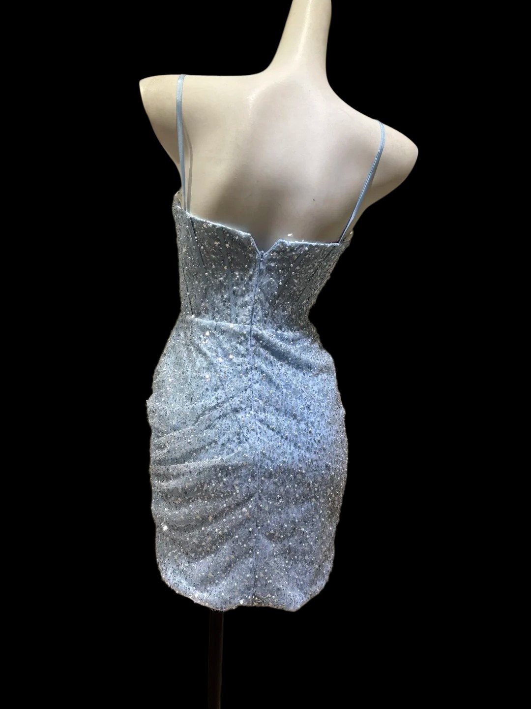 Trägerloses silbernes Vintage-Abendkleid, A-Linie, Geburtstagskleid J9370