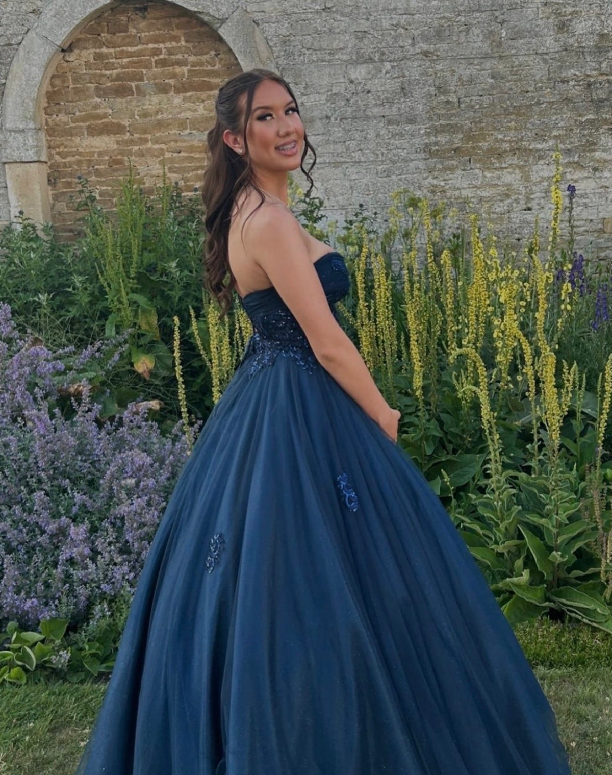 Strapless A Line Appliqued Tulle Formal Prom Dress J11795