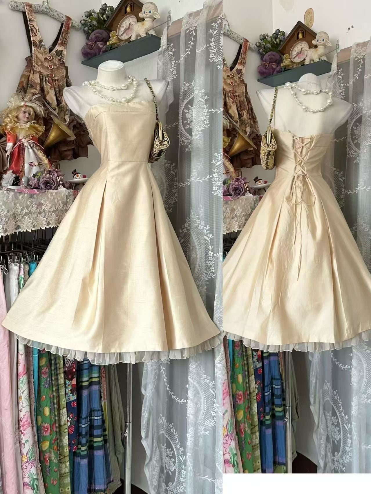 Trägerloses silbernes Vintage-Abendkleid, A-Linie, Geburtstagskleid J9370