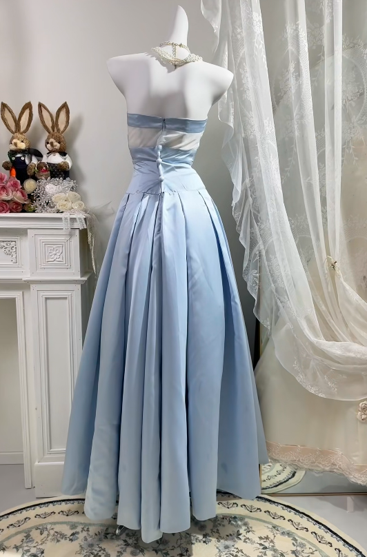 Strapless A Line Blue Satin Formal Prom Dress Satin Evening Dress J11173