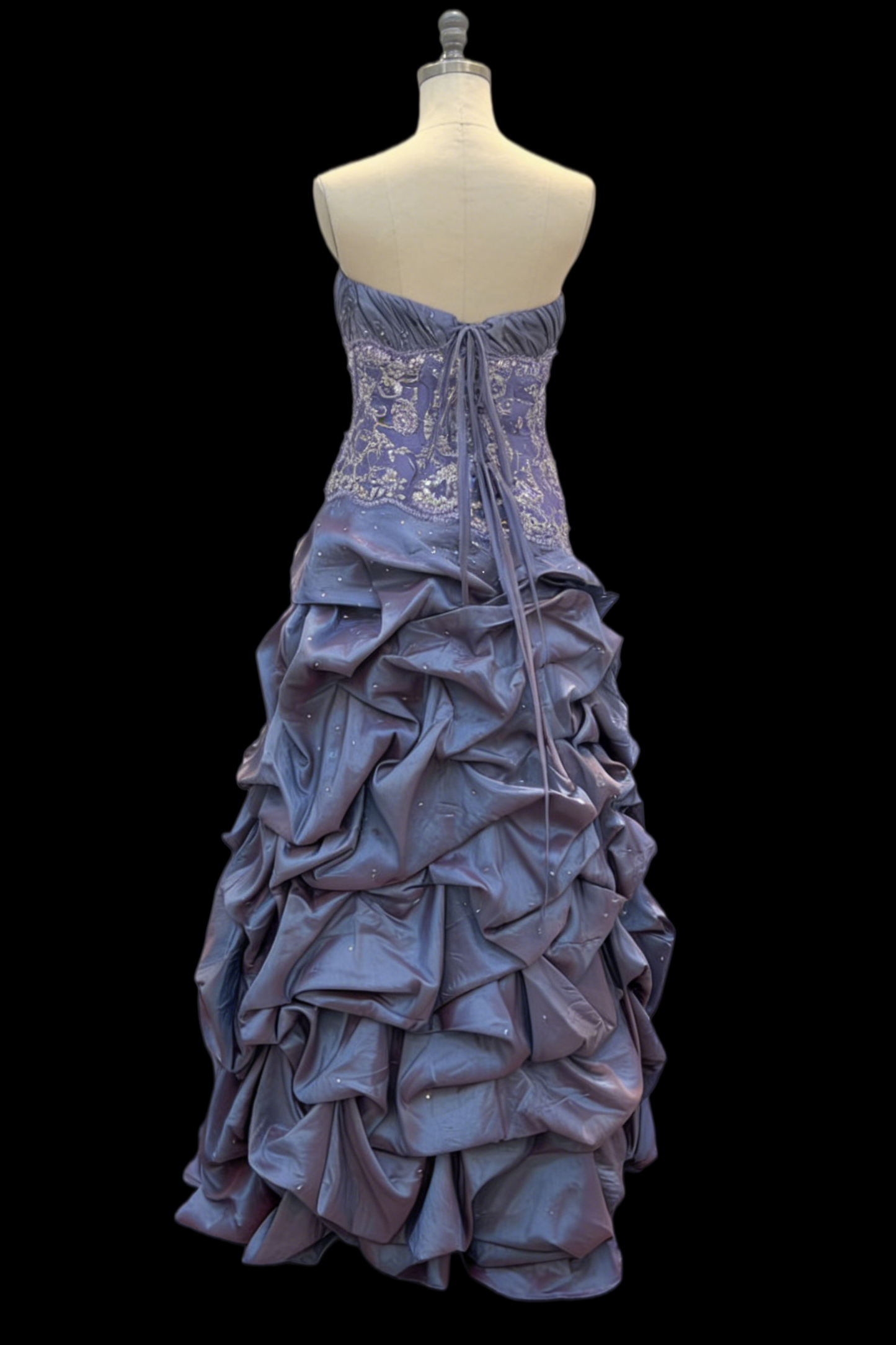 Trägerloses silbernes Vintage-Abendkleid, A-Linie, Geburtstagskleid J9370