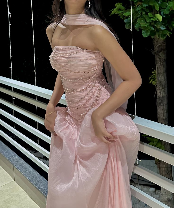 Strapless A Line Pink Prom Dress With Scarf J9961