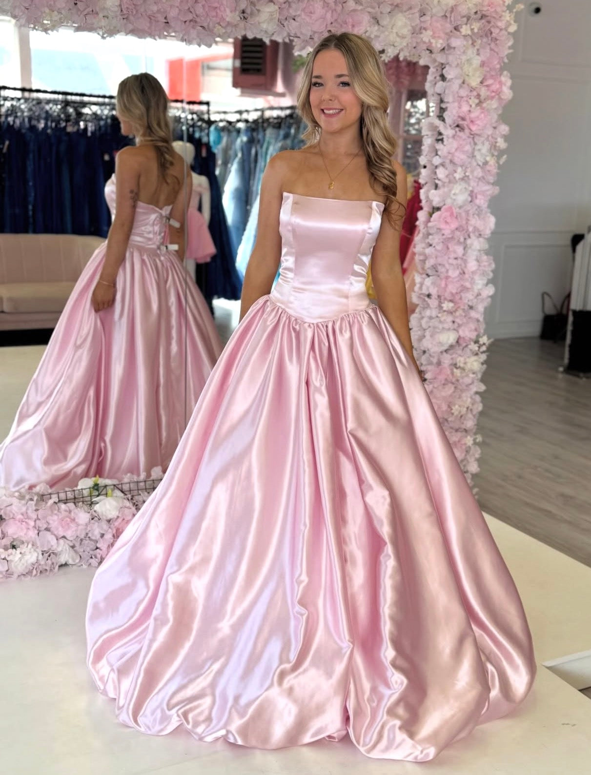 Strapless A Line Pink Satin Prom Dress J9951