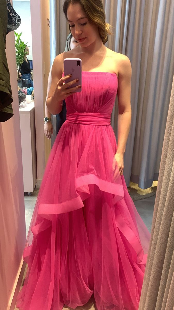 Strapless A Line Pink Tulle Prom Dress Formal Prom Dress J9974