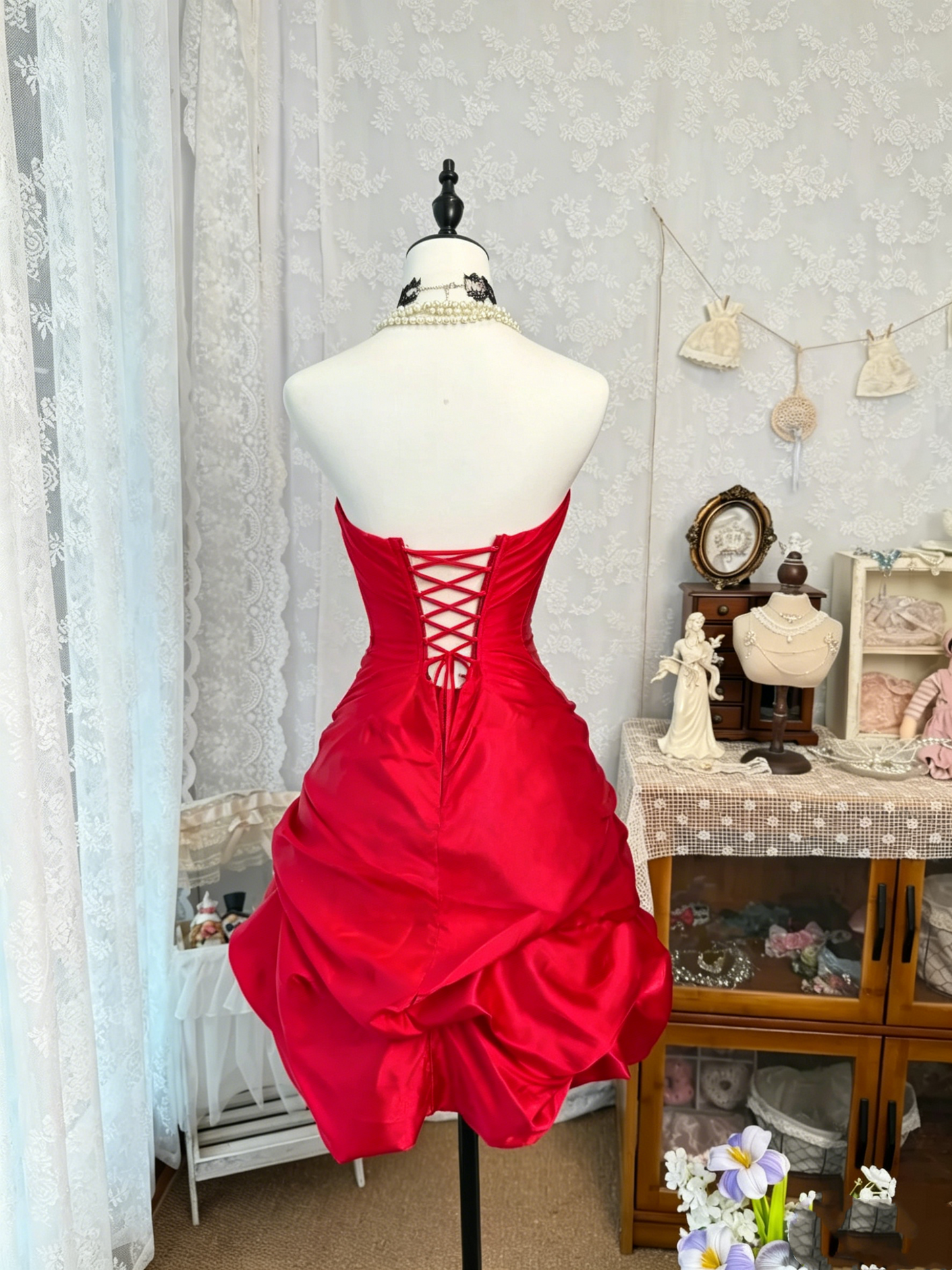 Strapless A Line Red Satin Homecoming Dress Short Birthday Dress J10326