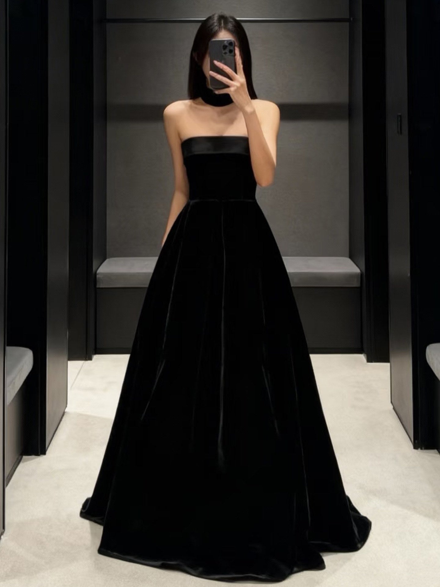 Strapless Black A Line Velvet Prom Dress Formal Evening Dress J9690