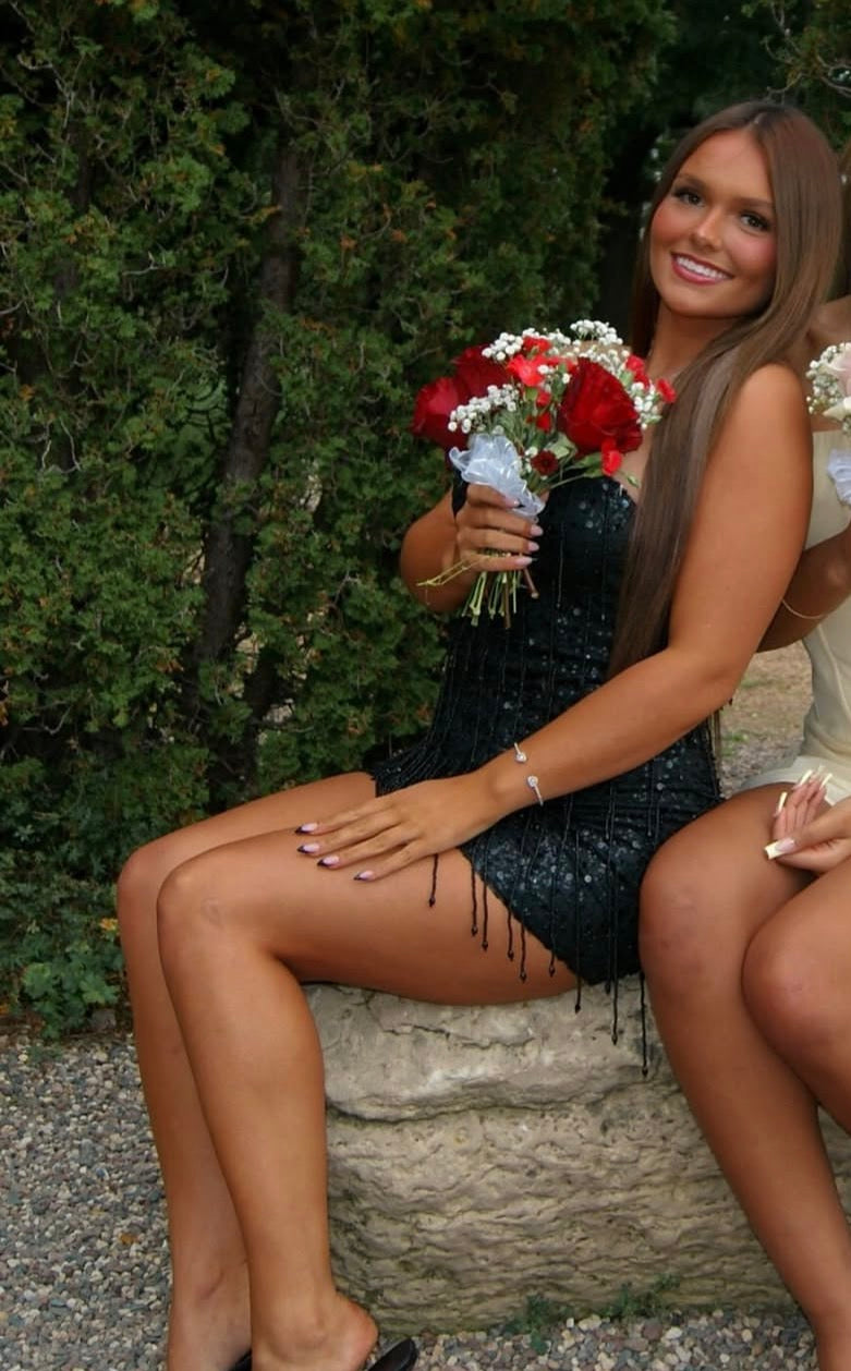 Strapless Black Sheath Birthday Dress With Beaded Tassel J12004