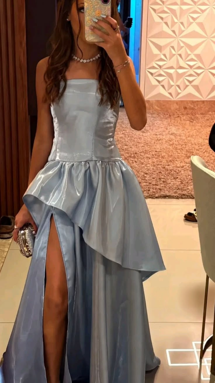 Trägerloses silbernes Vintage-Abendkleid, A-Linie, Geburtstagskleid J9370